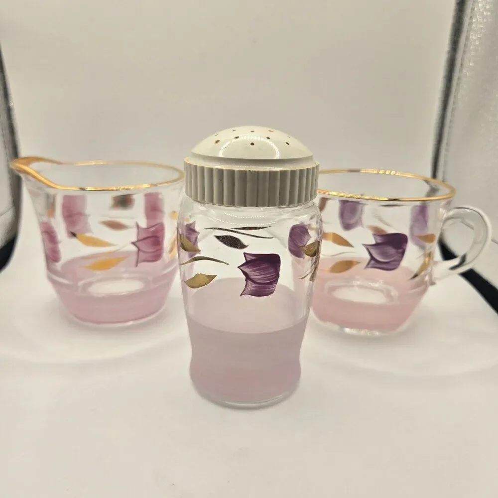 Vintage Glass Creamer Sugar Shaker Set Gold Rim Hand-Painted Purple Floral